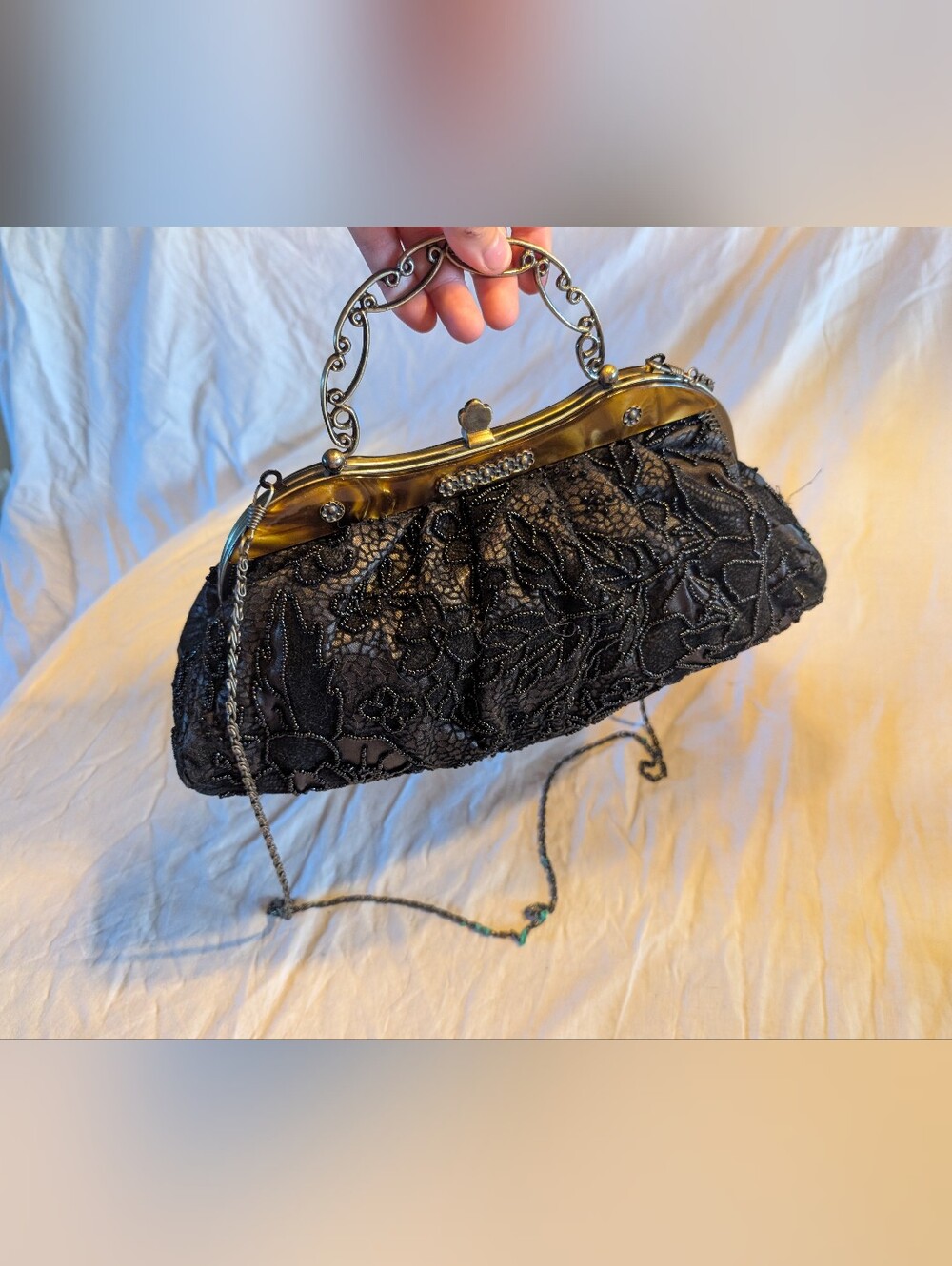 2/100$ Vintage Black Lace Beaded Evening Crossbody with Brass Frame